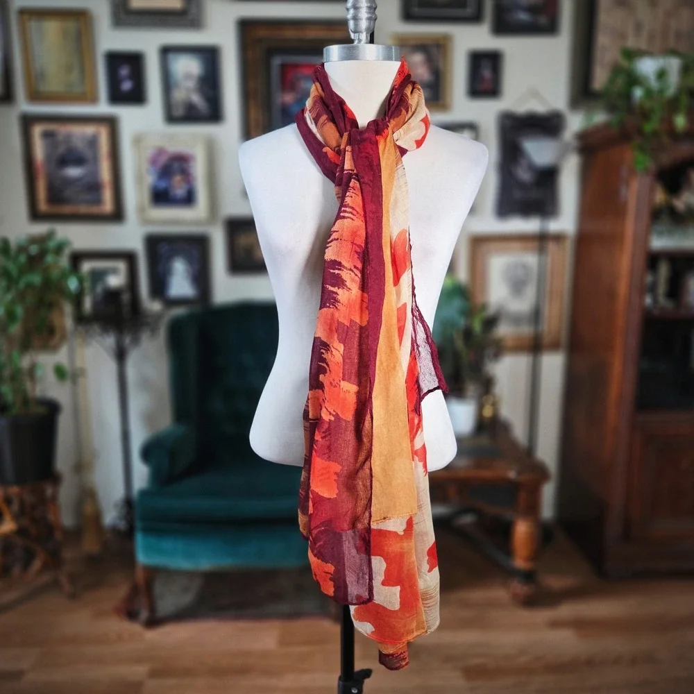 Abstract Print Scarf Large Orange Burgundy Sheer Lightweight Wrap Shawl 78x46